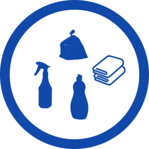 A graphic of cleaning supplies. There's a garbage bag, a spray bottle, a soap bottle, and towels.