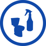 A graphic of a spray bottle with a toilet representing a disinfecting cleaner.