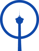 A graphic of the Calgary tower and a circle representing the sun or moon behind it. We're a local small business.